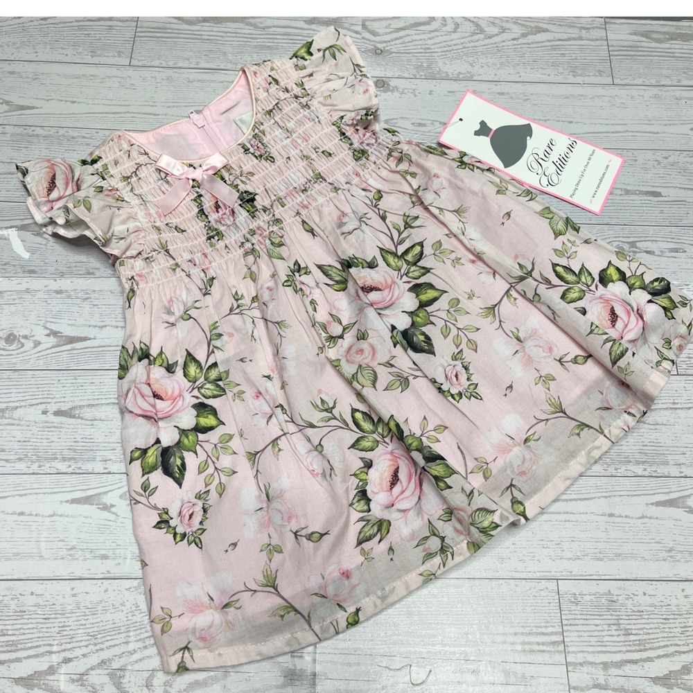 Rare Editions Baby Girl Pink Floral Smocked Dress Size 6-9 Months